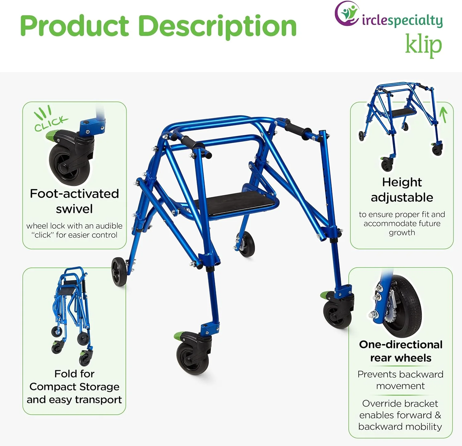 Klip 4-Wheel With Flip-Up Seat posterior Pediatric Walker (KP510-20-30-40) By Circle - Image 3